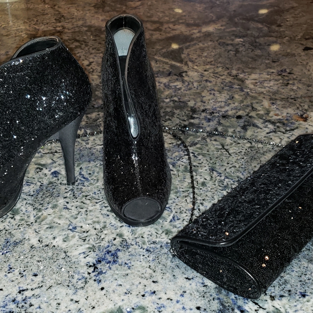 Nina black sequin booties and clutch